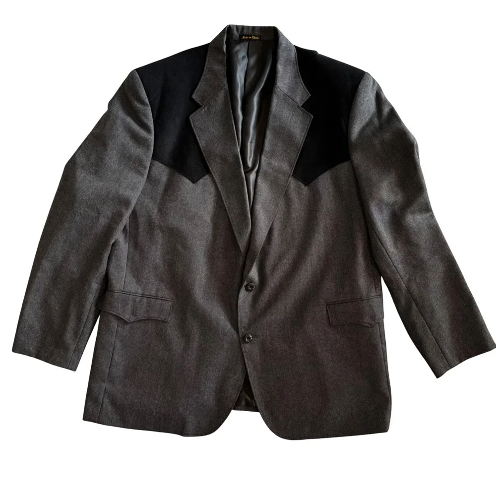 Circle S Dallas Mens Grey Western Blazer 50L Sport Coat Black Suede Yoke Cowboy